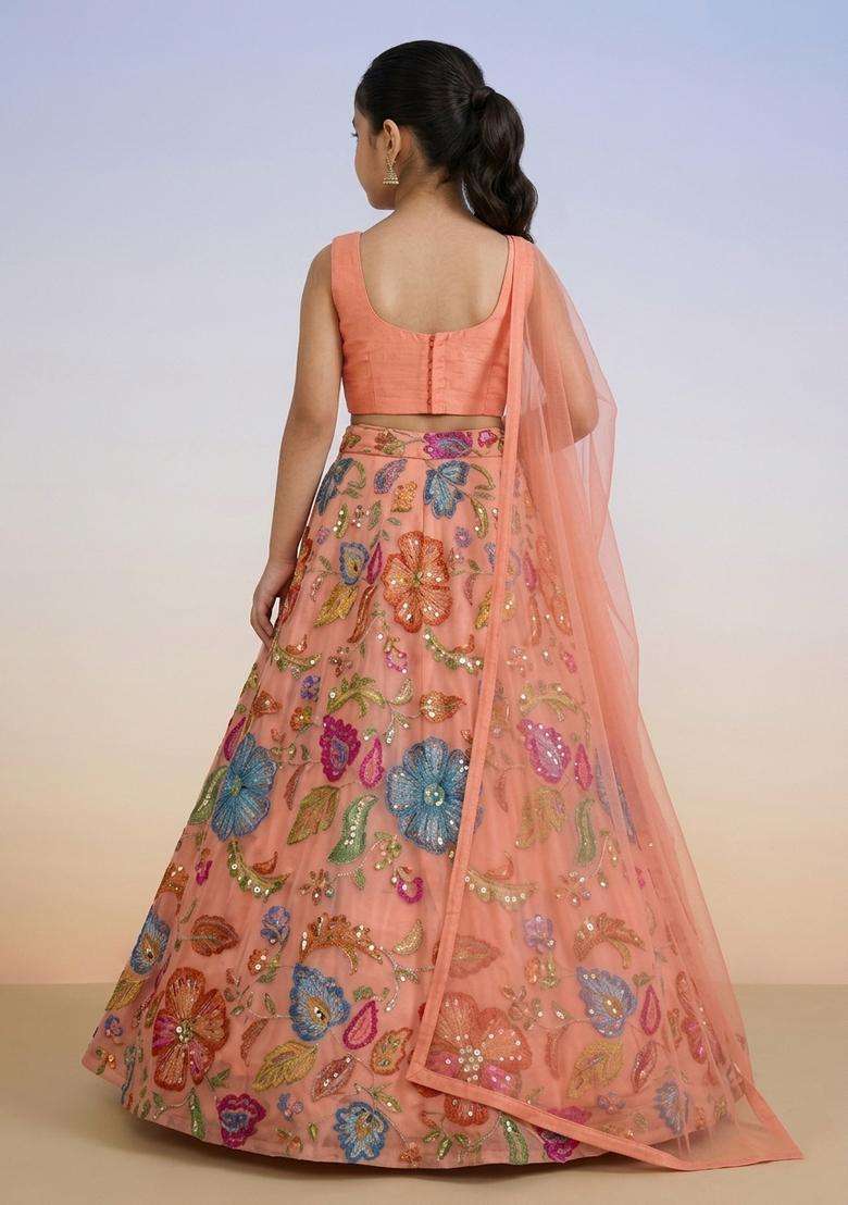 Girls Coral Peach Printed Poly Blend Lehenga Set - Indya