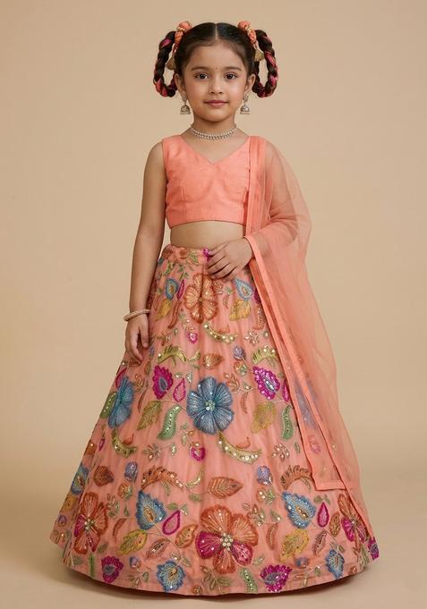 Girls Coral Peach Printed Poly Blend Lehenga Set