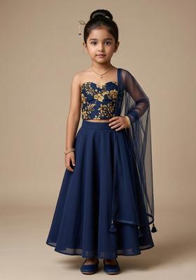 Girls Navy Blue Printed Chinon Lehenga Set