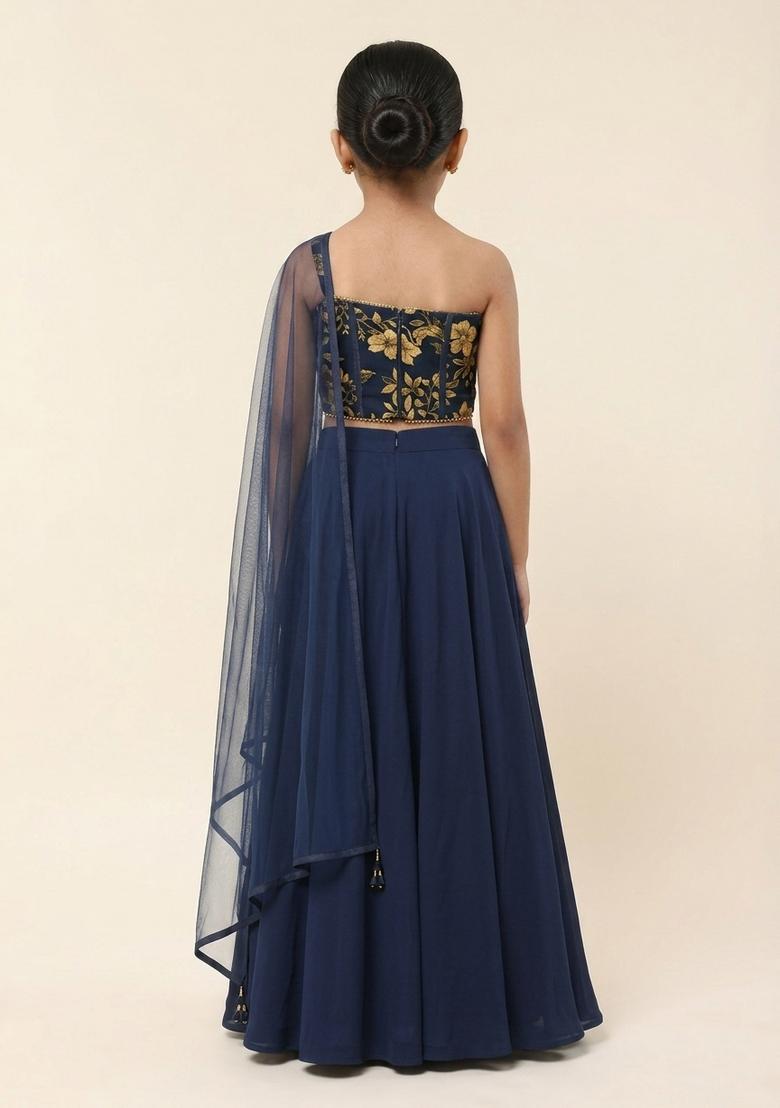 Girls Navy Blue Printed Chinon Lehenga Set - Indya