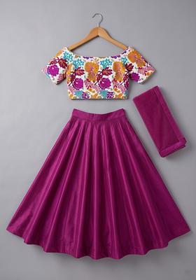 Girls Magenta Pink Embroidered Crepe Lehenga Set