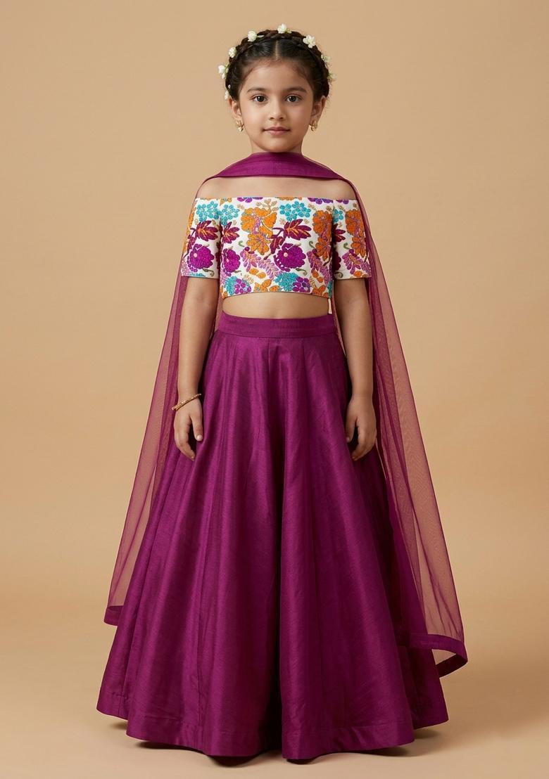 Girls Magenta Pink Embroidered Crepe Lehenga Set - Indya