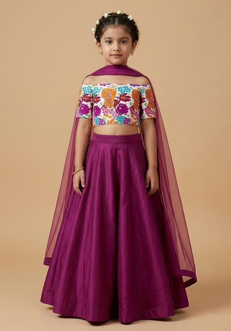 Girls Magenta Pink Embroidered Crepe Lehenga Set