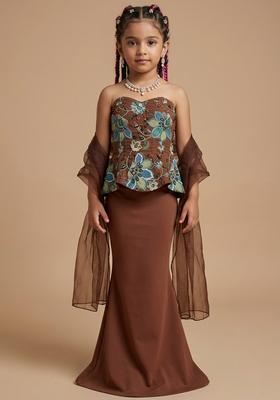 Girls Rust Brown Printed Organza Fusion Set