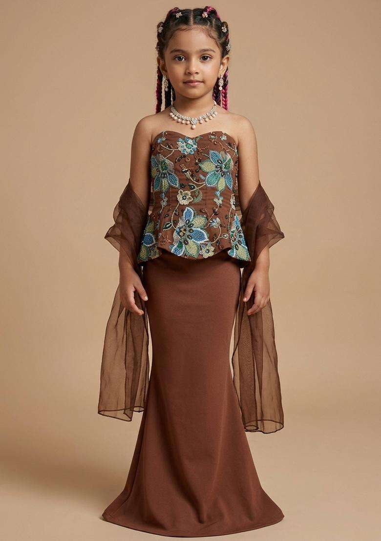 Girls Rust Brown Printed Organza Fusion Set - Indya