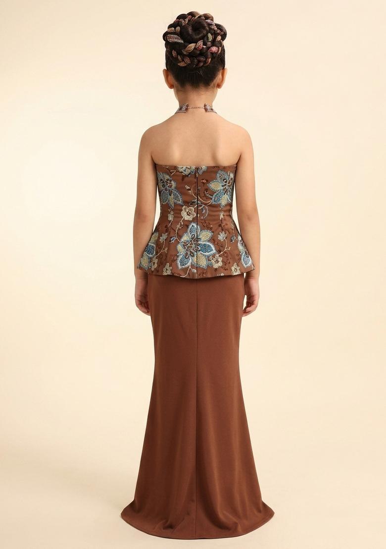 Girls Rust Brown Printed Organza Fusion Set - Indya