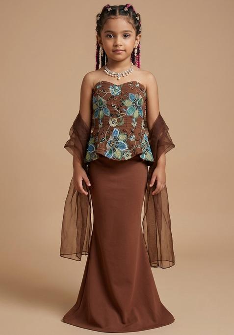 Girls Rust Brown Printed Organza Fusion Set
