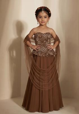 Girls Chocolate Brown Embroidered Net Fusion Set