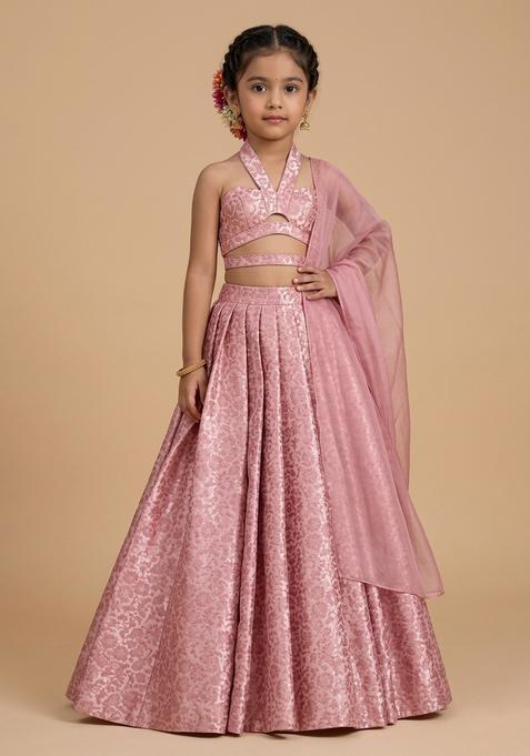 Girls Pink Silk Lehenga Set