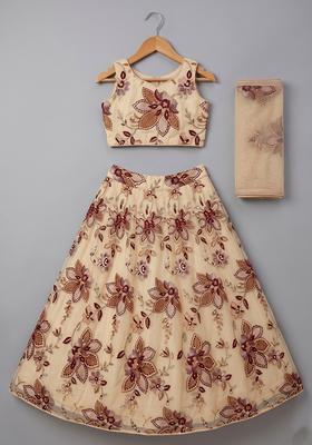 Girls Cream Printed Organza Lehenga Set