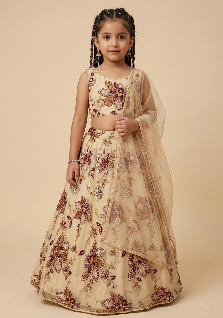 Girls Cream Printed Organza Lehenga Set - Indya