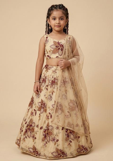 Girls Cream Printed Organza Lehenga Set