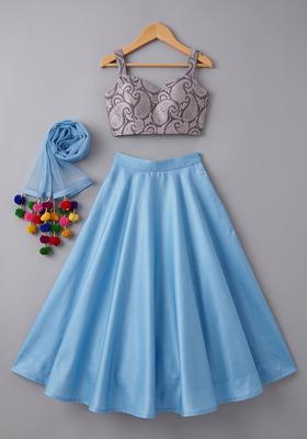 Girls Powder Blue Printed Silk Lehenga Set