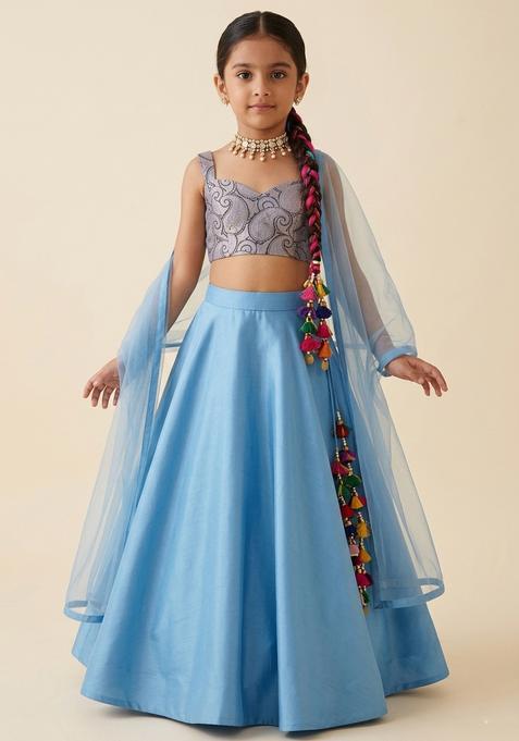 Girls Powder Blue Printed Silk Lehenga Set