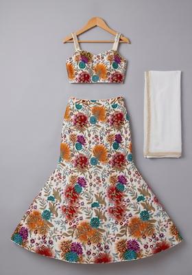 Girls Ivory Printed Crepe Lehenga Set