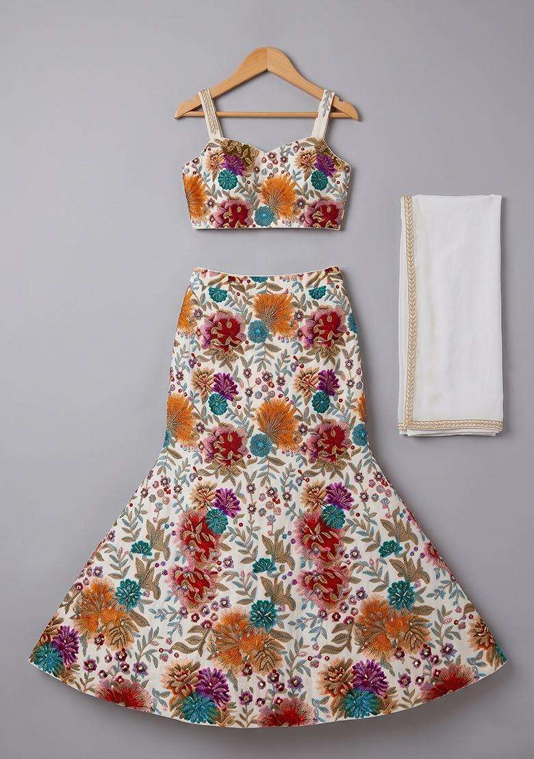 Girls Ivory Printed Crepe Lehenga Set - Indya