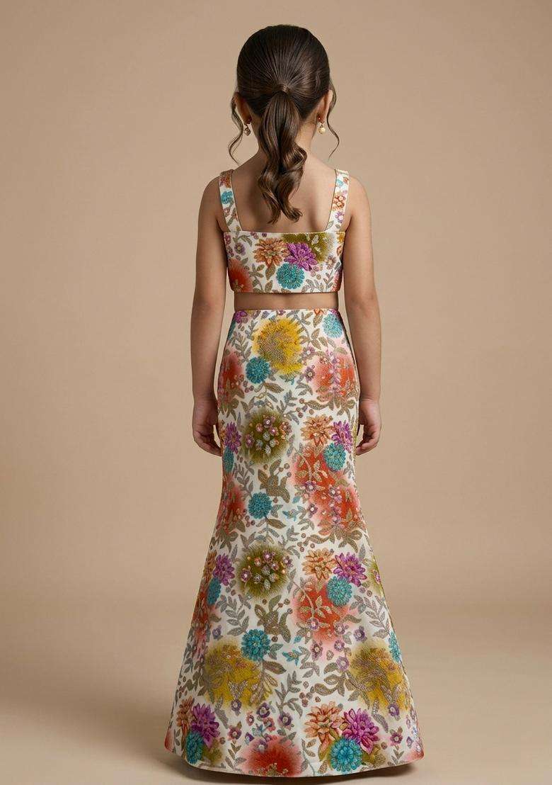 Girls Ivory Printed Crepe Lehenga Set - Indya