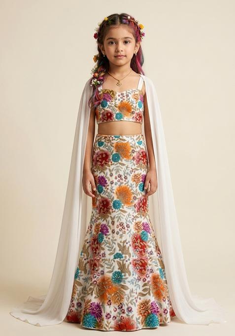 Girls Ivory Printed Crepe Lehenga Set