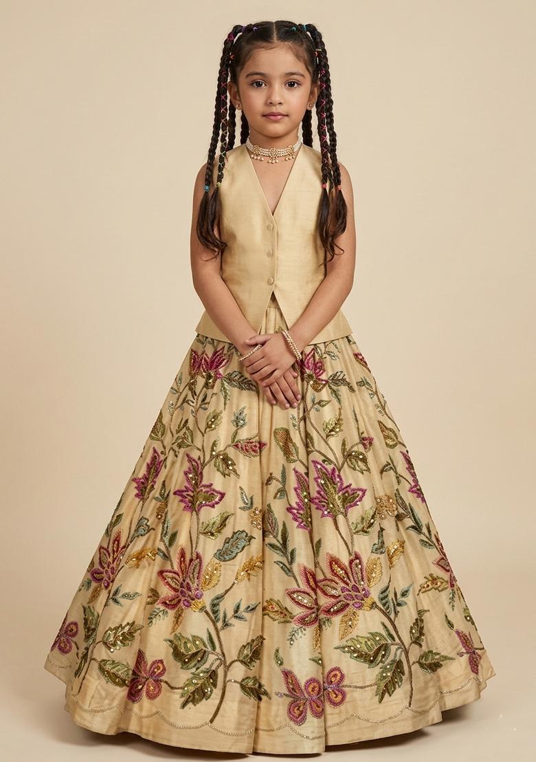 Girls Champagne Gold Embroidered Organza Lehenga Set - Indya
