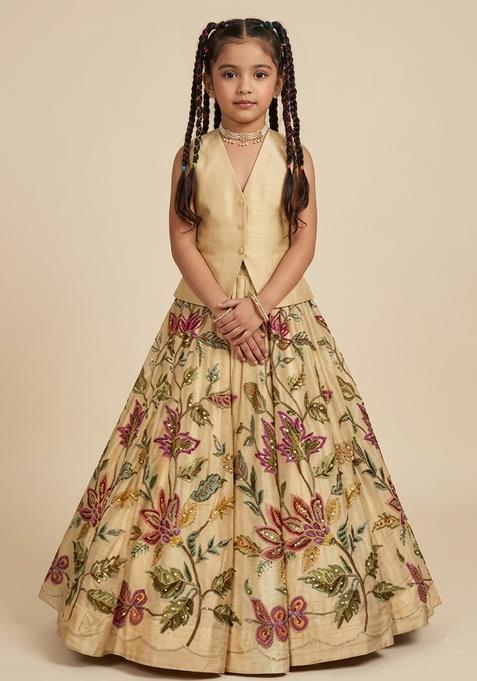 Girls Champagne Gold Embroidered Organza Lehenga Set