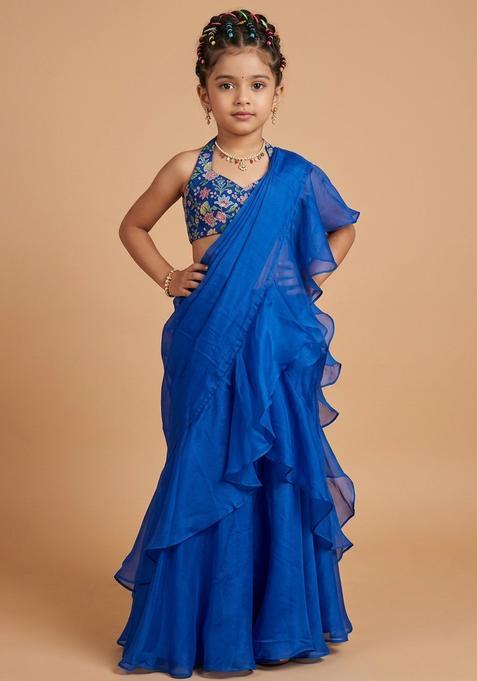 Girls Royal Blue Printed Crepe Pre Draped Saree Set
