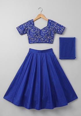 Girls Royal Blue Embroidered Crepe Lehenga Set
