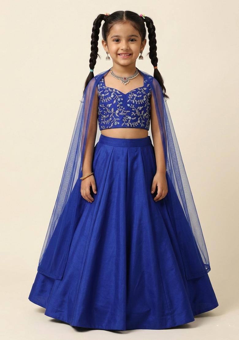 Girls Royal Blue Embroidered Crepe Lehenga Set - Indya