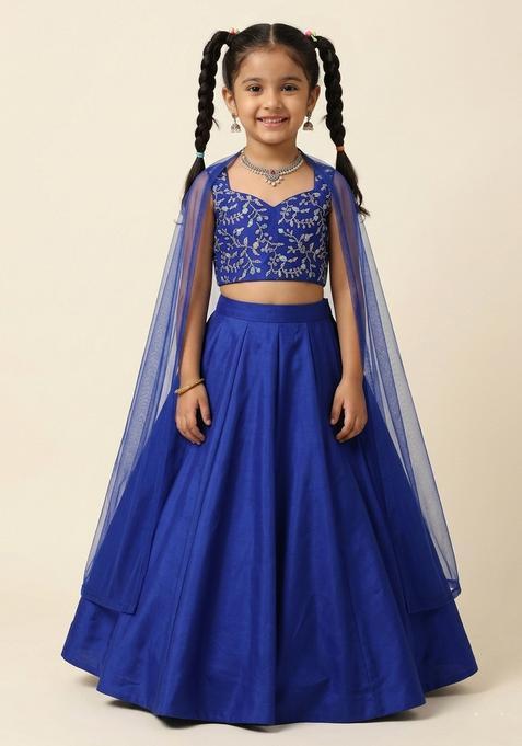 Girls Royal Blue Embroidered Crepe Lehenga Set