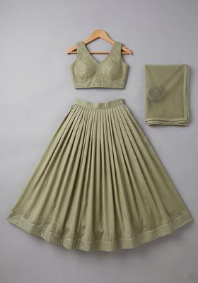 Girls Olive Green Sequin Silk Lehenga Set