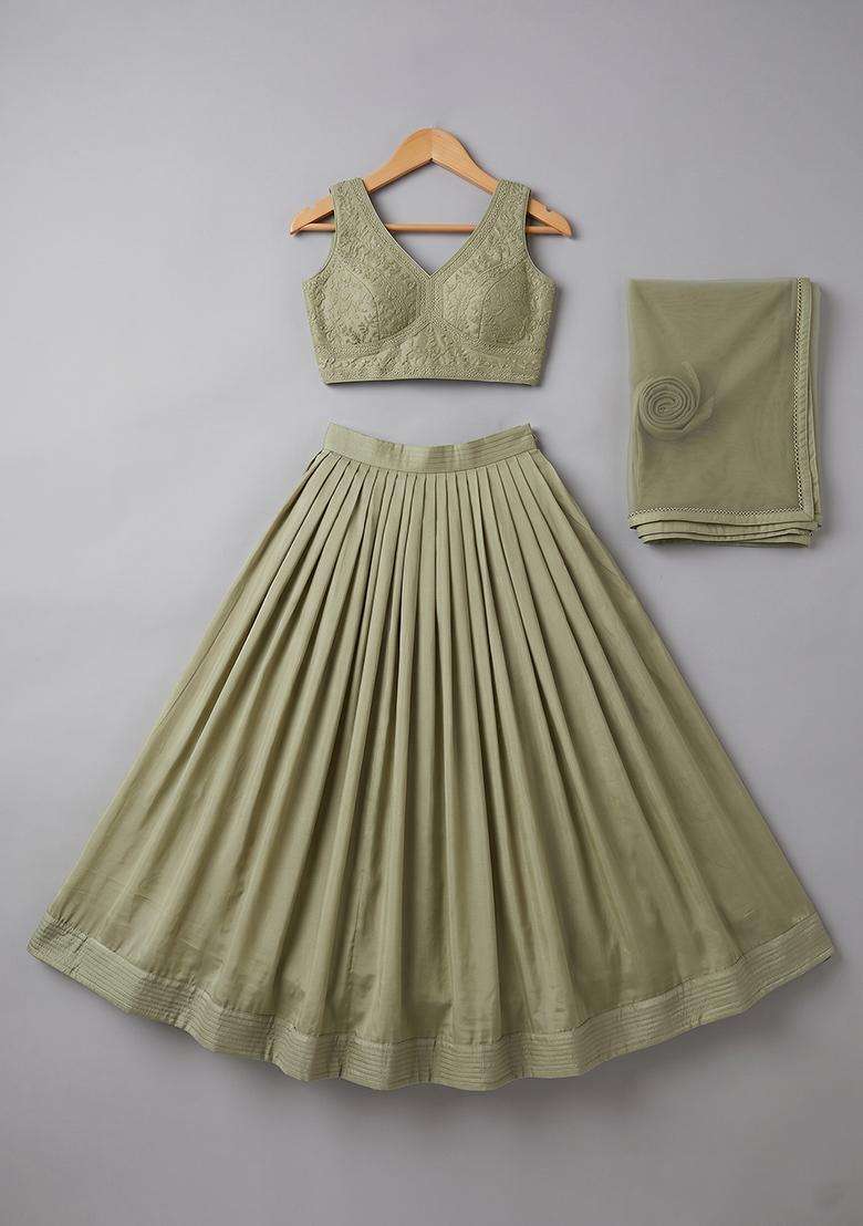 Girls Olive Green Sequin Silk Lehenga Set - Indya