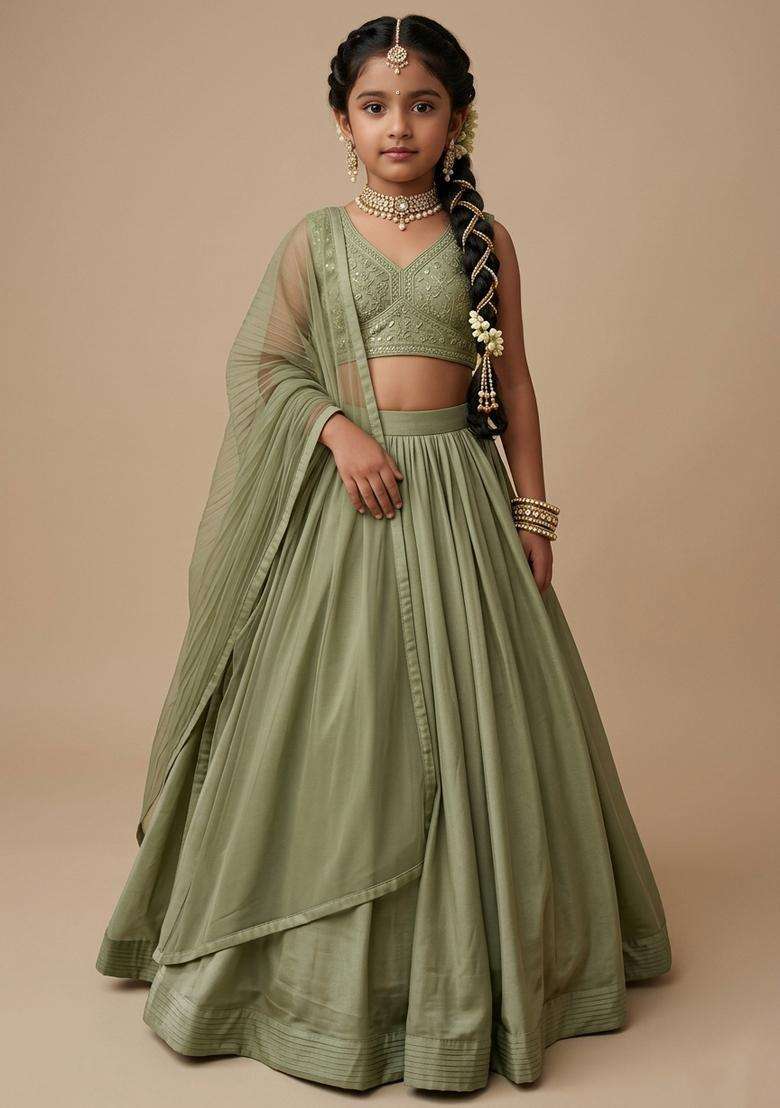 Girls Olive Green Sequin Silk Lehenga Set - Indya