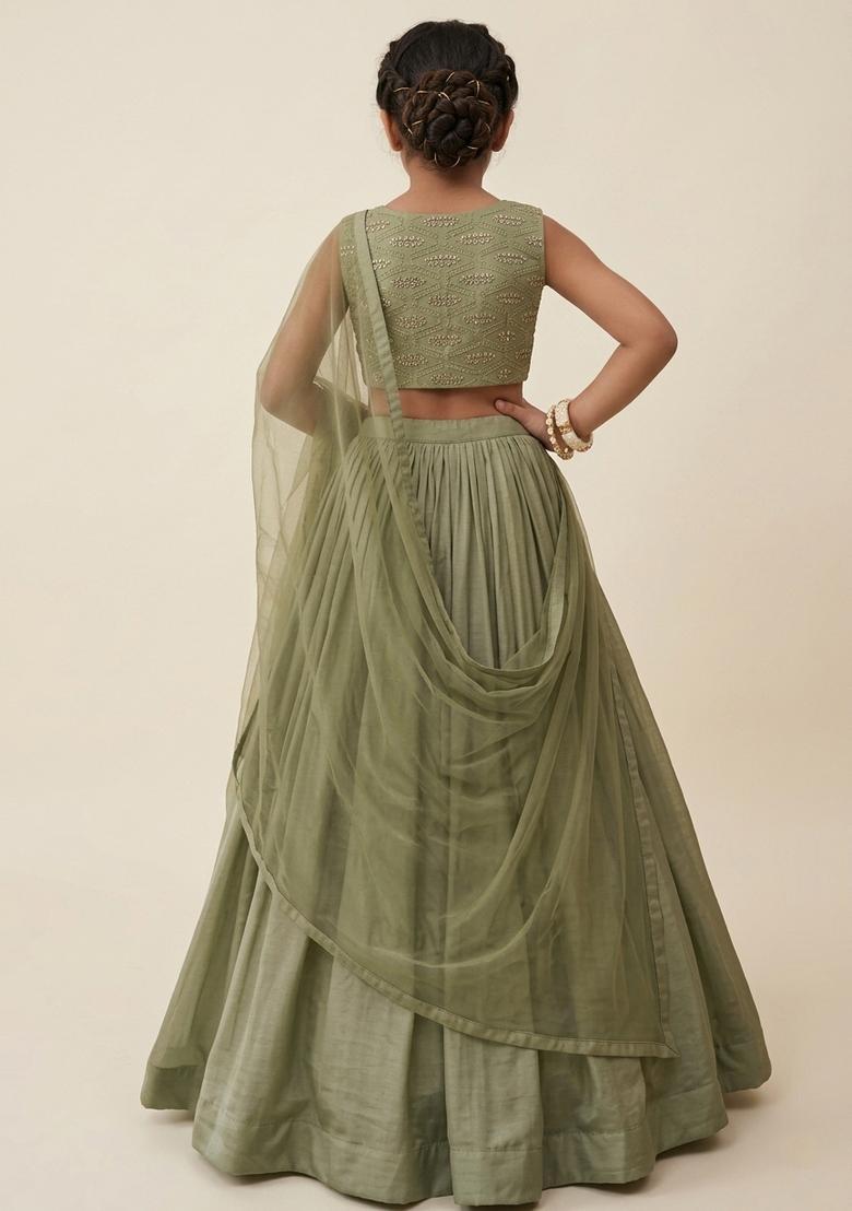 Girls Olive Green Sequin Silk Lehenga Set - Indya