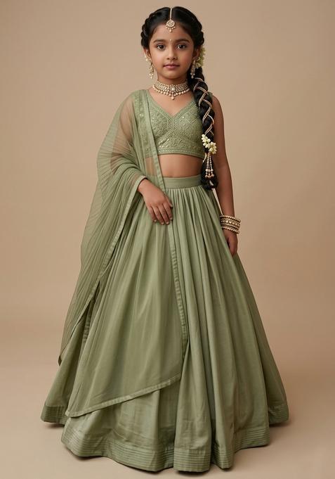 Girls Olive Green Sequin Silk Lehenga Set