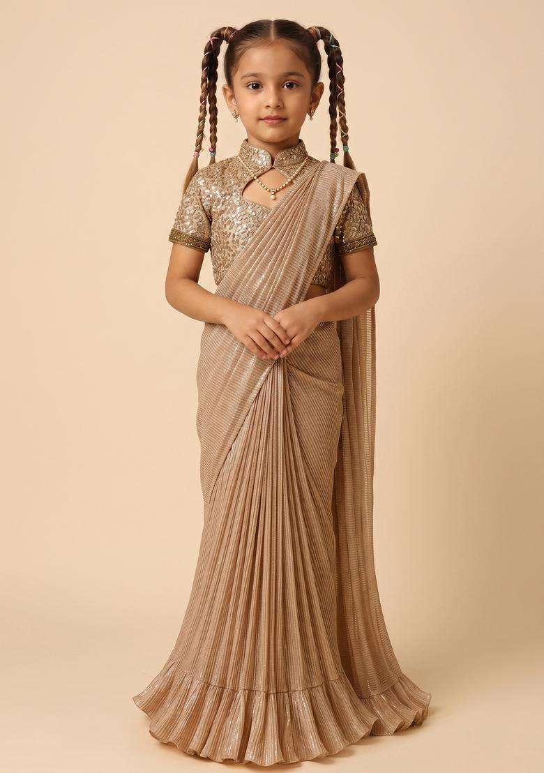Girls Golden Foil Printed Knit Pre Draped Saree Set - Indya