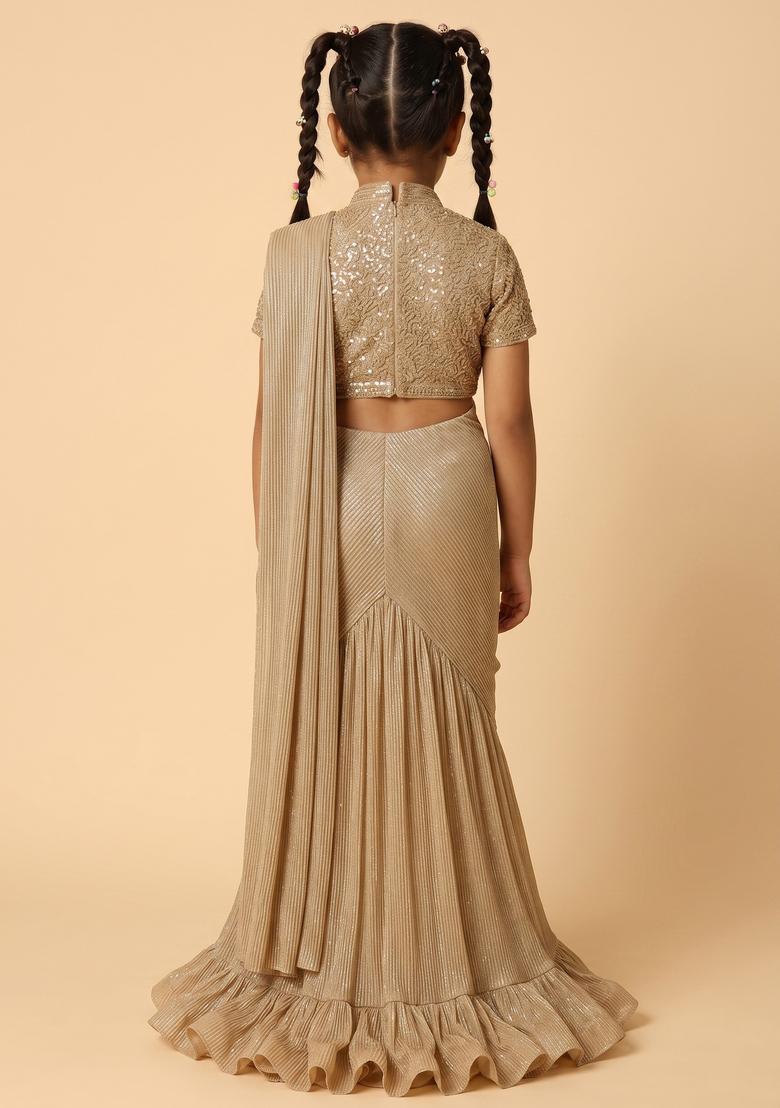 Girls Golden Foil Printed Knit Pre Draped Saree Set - Indya