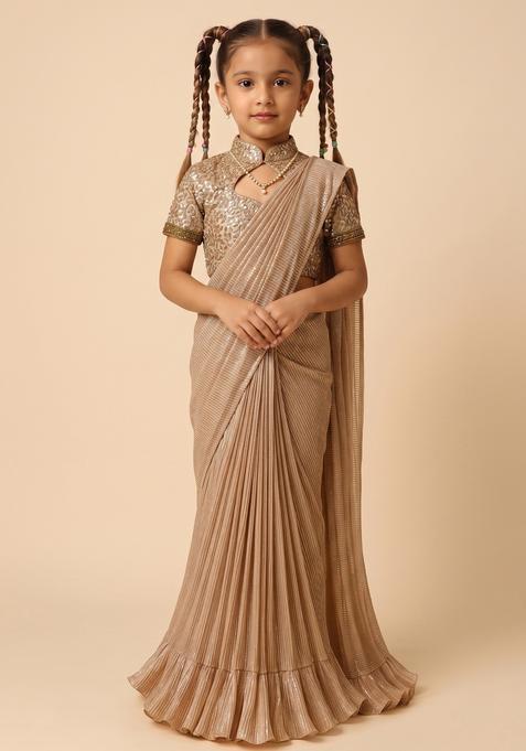 Girls Golden Foil Printed Knit Pre Draped Saree Set