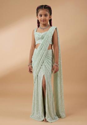 Girls White Embellished Georgette Pre Draped Saree Set