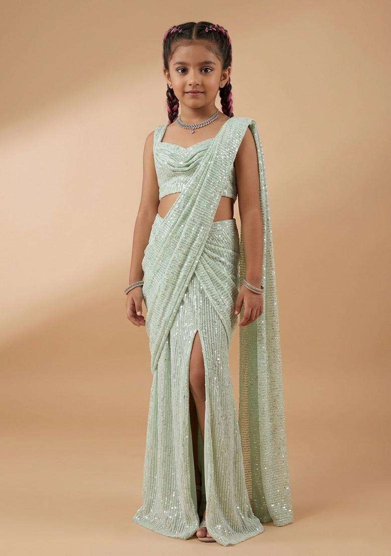 Girls White Embellished Georgette Pre Draped Saree Set - Indya