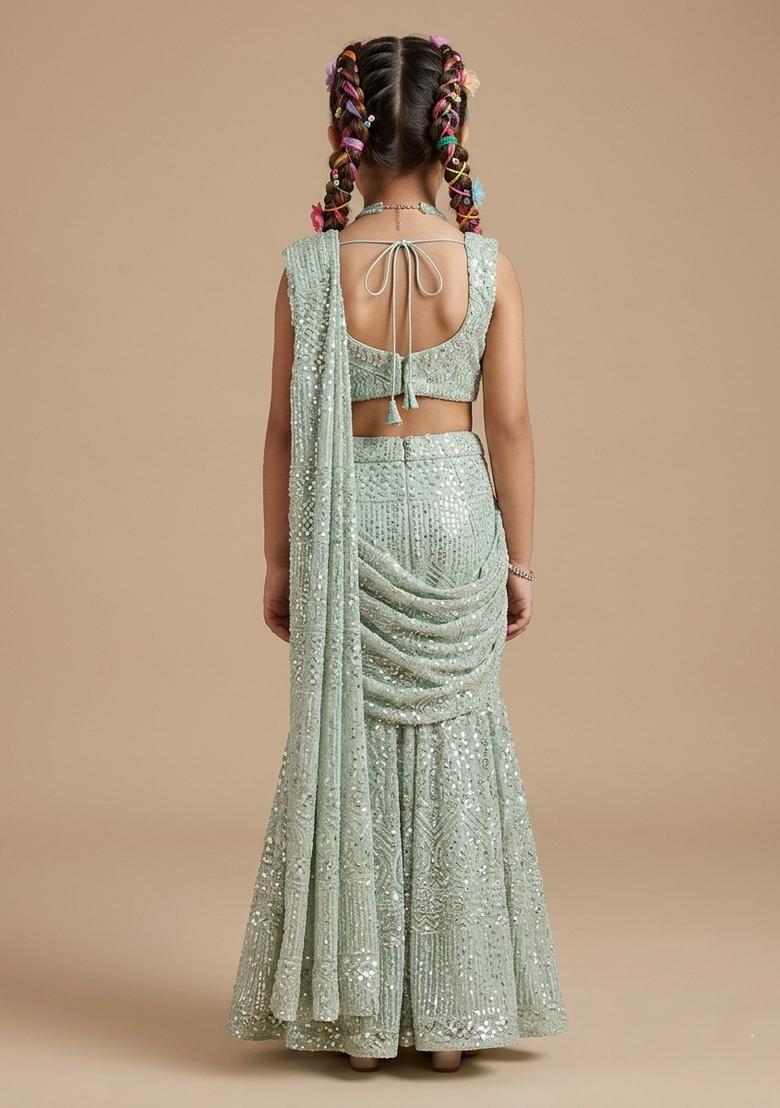 Girls White Embellished Georgette Pre Draped Saree Set - Indya