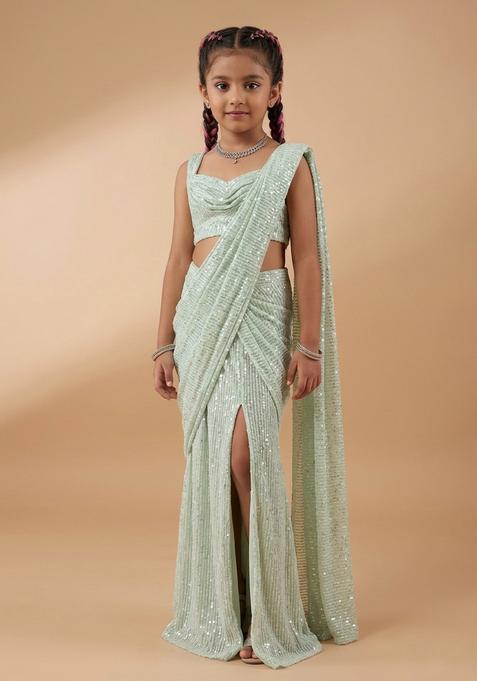 Girls White Embellished Georgette Pre Draped Saree Set