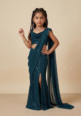 Girls Blue Sequin Embellished Saree set