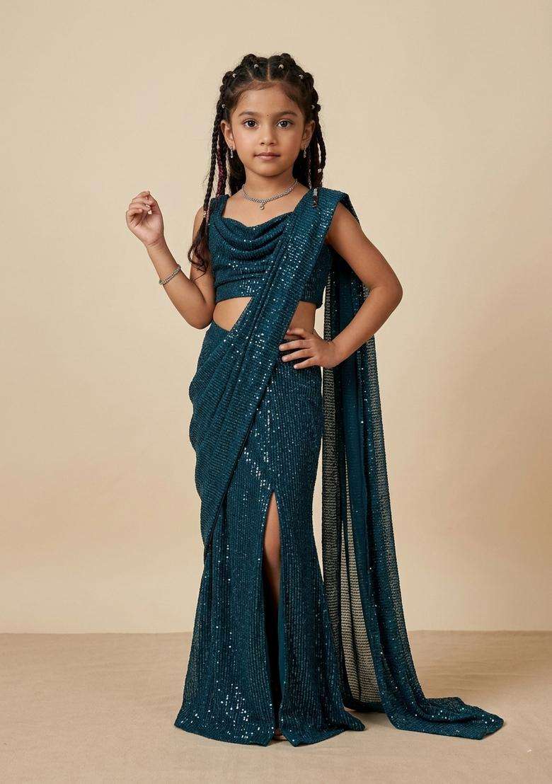 Girls Blue Sequin Embellished Saree set - Indya