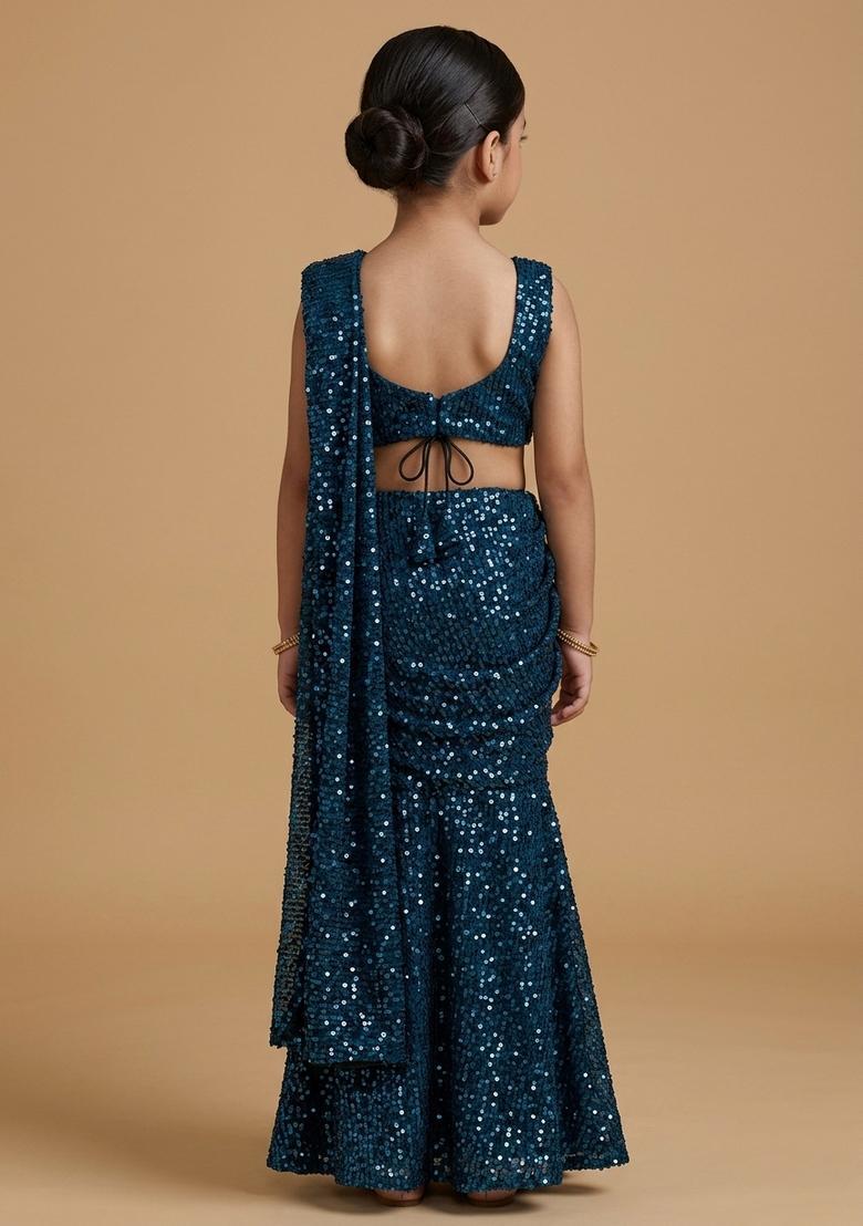 Girls Blue Sequin Embellished Saree set - Indya