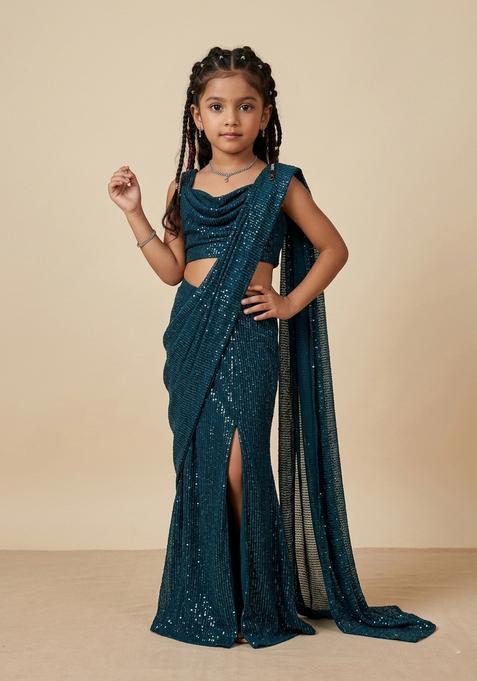 Girls Blue Sequin Embellished Saree set
