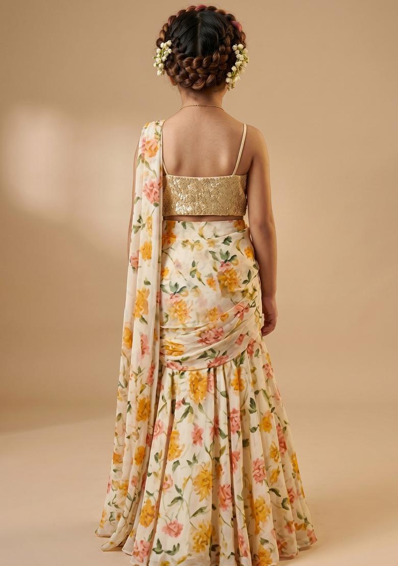 Girls Beige Printed Chiffon Pre Draped Saree Set - Indya