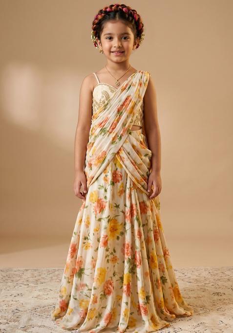 Girls Beige Printed Chiffon Pre Draped Saree Set