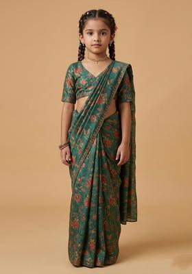 Girls Green Printed Chiffon Pre Draped Saree Set