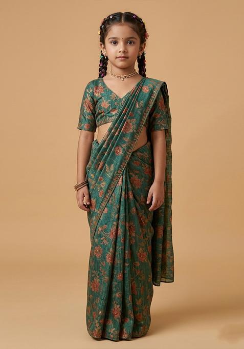 Girls Green Printed Chiffon Pre Draped Saree Set