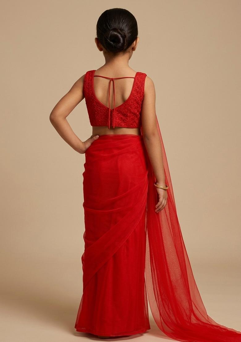 Girls Red Sequin Embroidered Georgette Pre Draped Saree Set - Indya