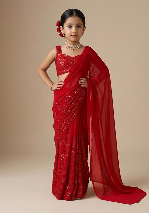 Girls Red Sequin Embroidered Georgette Pre Draped Saree Set